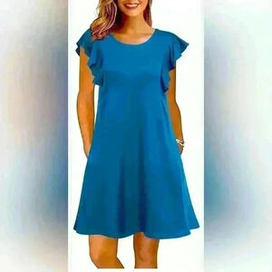 WOOSEA Women's Summer T Shirt Dress Size M/L Teal Ruffle Sleeve Swing Pockets